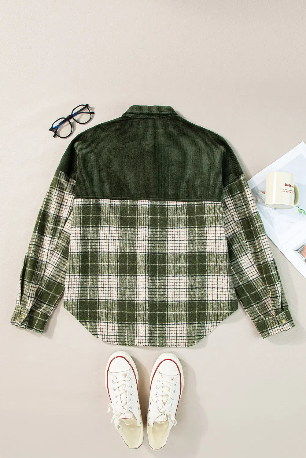 Blackish Green Snap Buttons Colourblock Plaid Shacket eAura