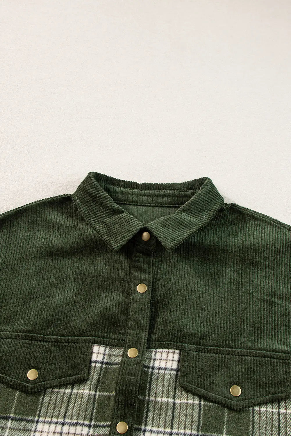 Blackish Green Snap Buttons Colourblock Plaid Shacket eAura
