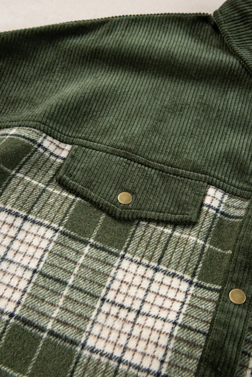 Blackish Green Snap Buttons Colourblock Plaid Shacket eAura