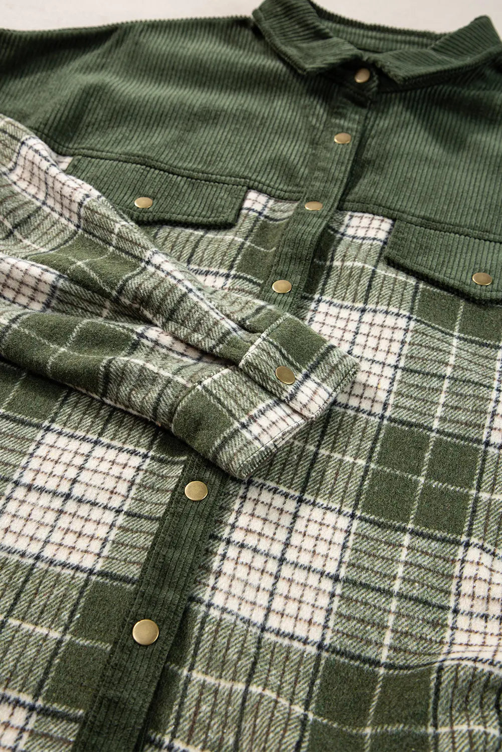 Blackish Green Snap Buttons Colourblock Plaid Shacket eAura