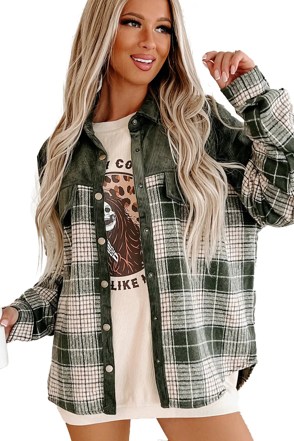 Blackish Green Snap Buttons Colourblock Plaid Shacket eAura