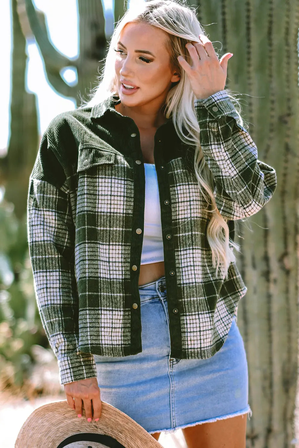 Blackish Green Snap Buttons Colourblock Plaid Shacket eAura