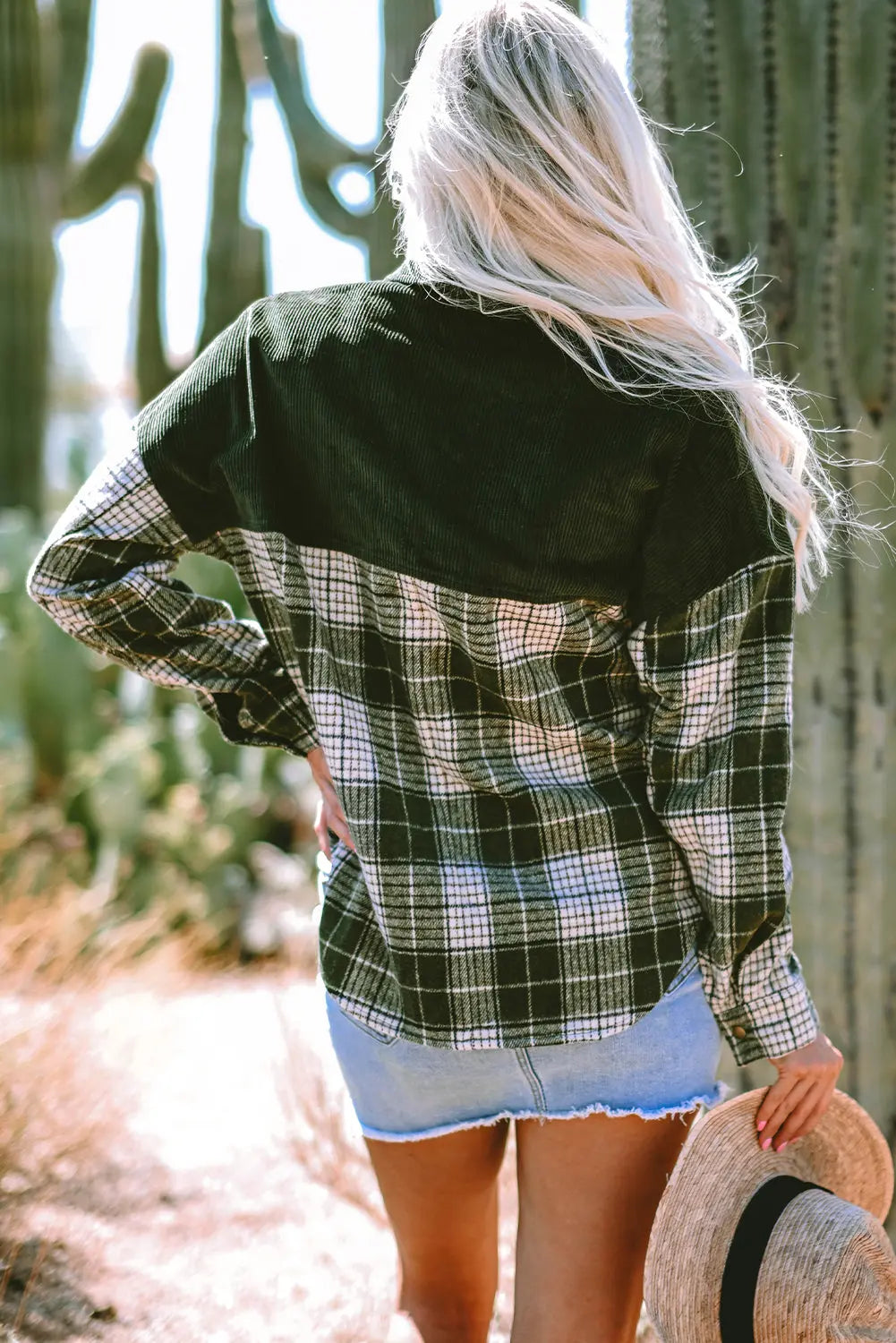 Blackish Green Snap Buttons Colourblock Plaid Shacket eAura