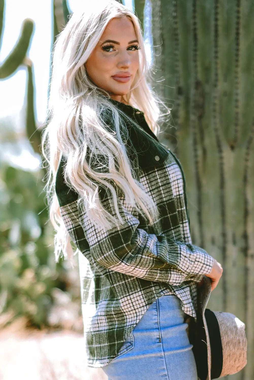 Blackish Green Snap Buttons Colourblock Plaid Shacket eAura