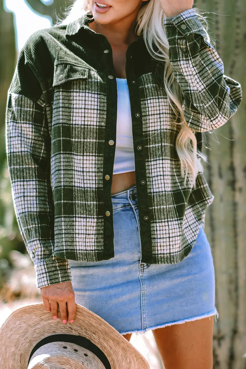 Blackish Green Snap Buttons Colourblock Plaid Shacket eAura