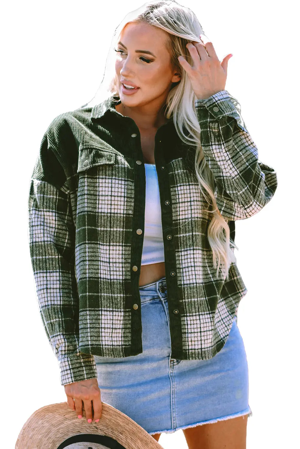 Blackish Green Snap Buttons Colourblock Plaid Shacket eAura