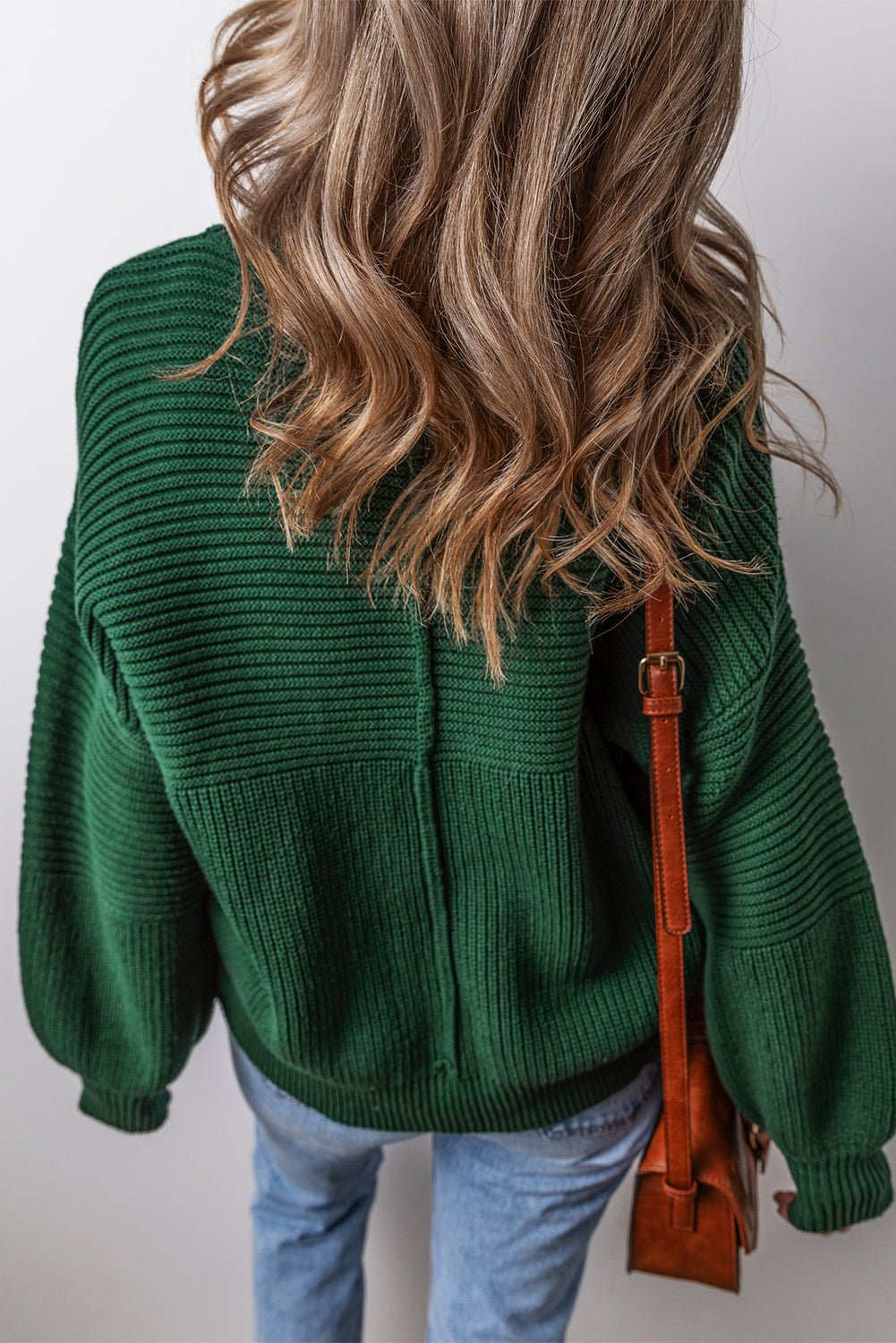 Blackish Green Textured Knit Crewneck Lantern Sleeve Sweater - eAura