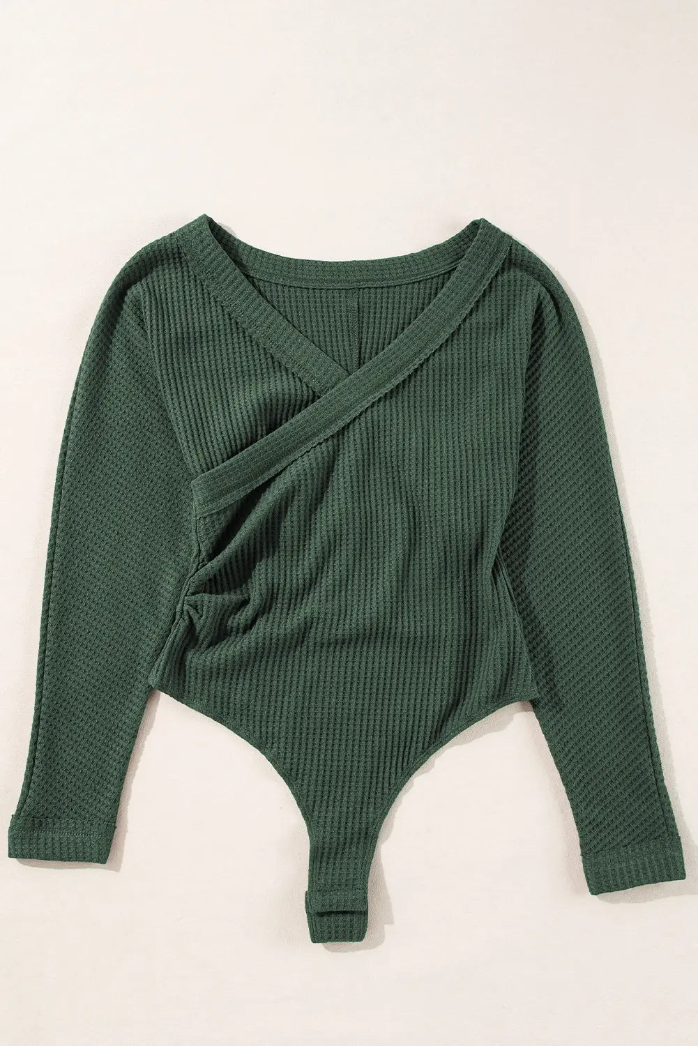 Blackish Green Waffle Knit Slim Fit Wrap V Neck Bodysuit Beagle Boutique Fashion Outlet
