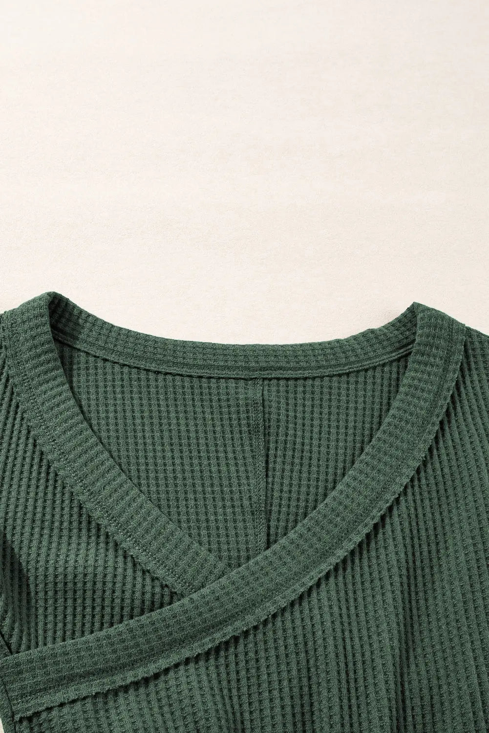 Blackish Green Waffle Knit Slim Fit Wrap V Neck Bodysuit Beagle Boutique Fashion Outlet