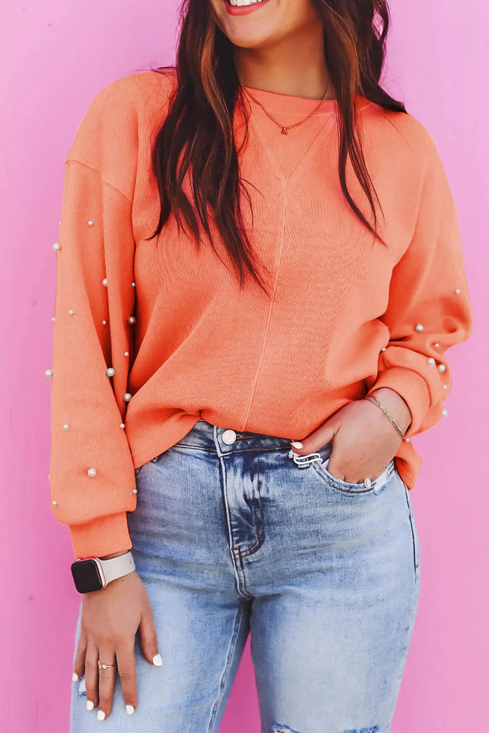 Blossom Pearled Sleeves Drop Shoulder Round Neck Pullover Sweatshirt Beagle Boutique Fashion Outlet
