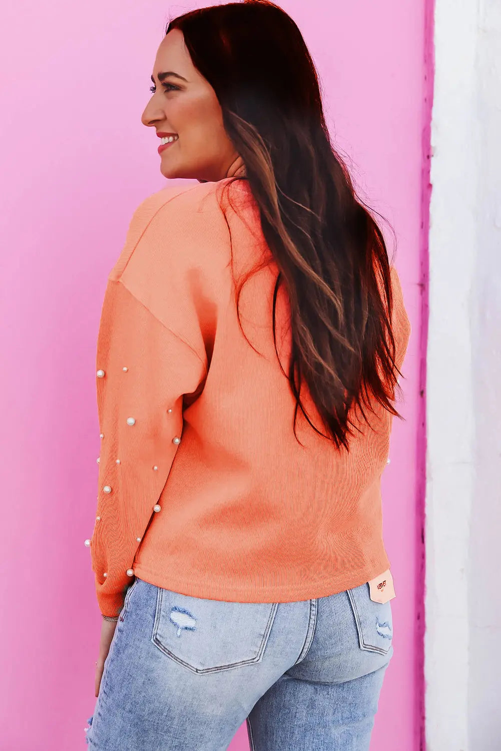 Blossom Pearled Sleeves Drop Shoulder Round Neck Pullover Sweatshirt Beagle Boutique Fashion Outlet
