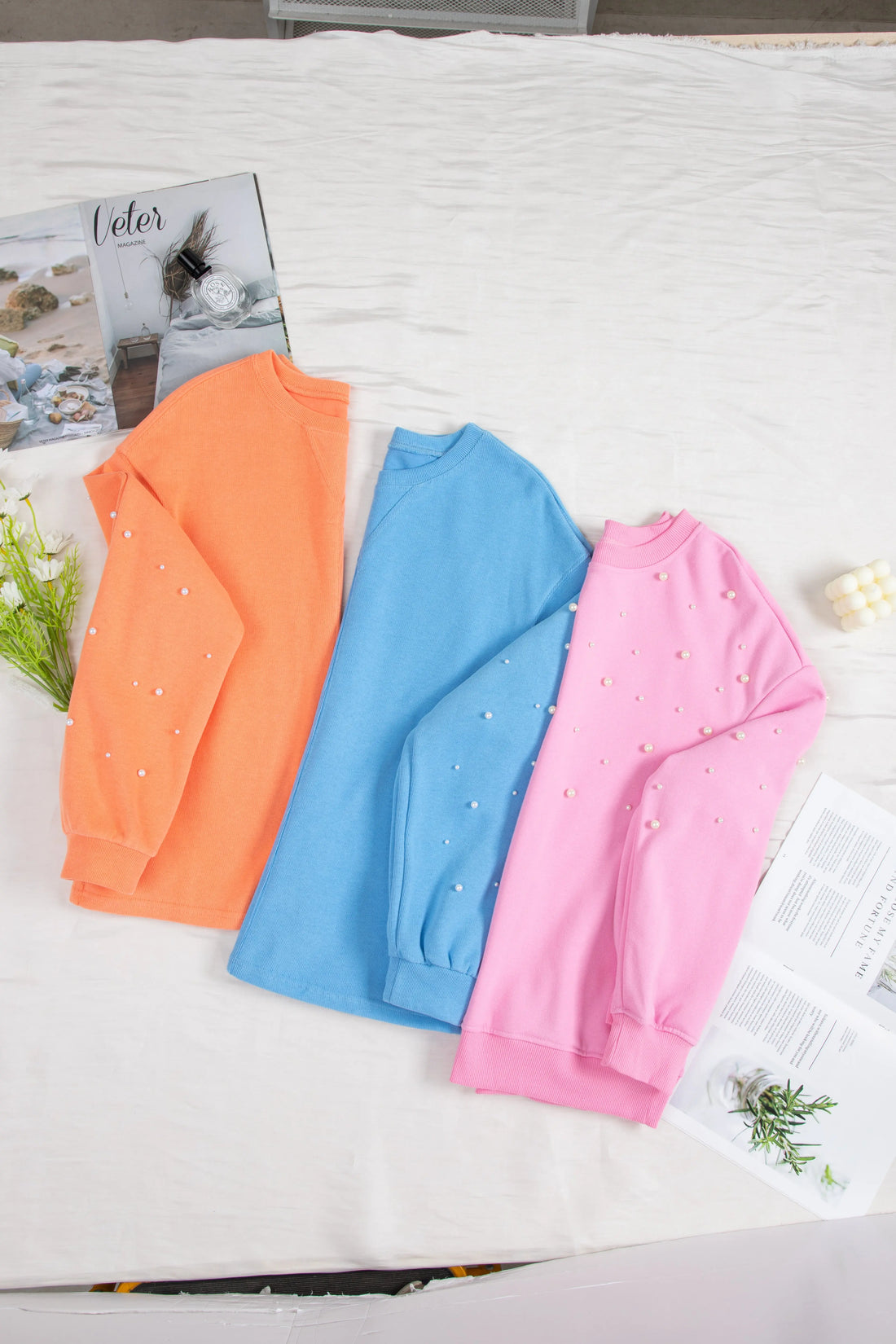 Blossom Pearled Sleeves Drop Shoulder Round Neck Pullover Sweatshirt Beagle Boutique Fashion Outlet