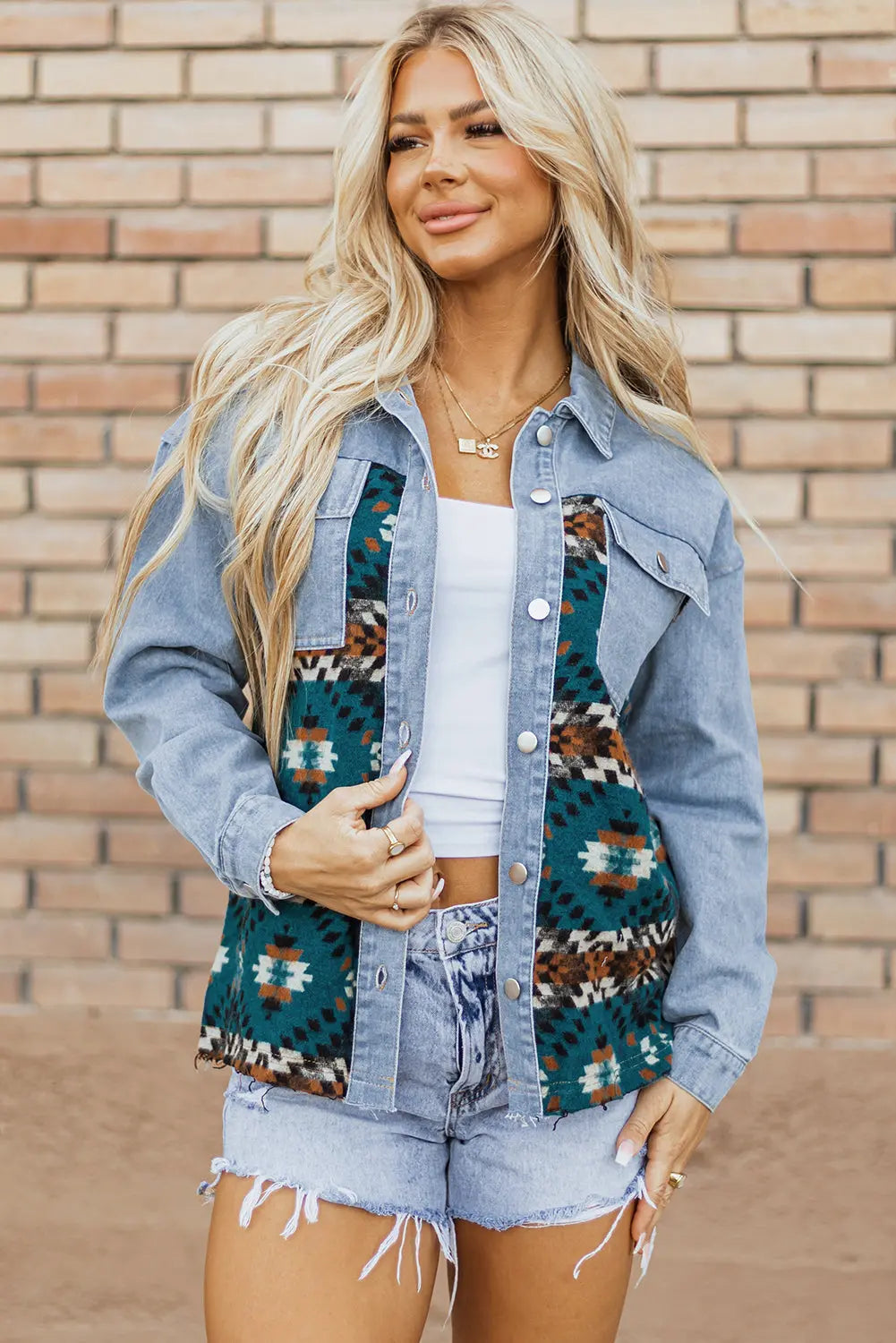 Blue Aztec Printed Denim Jacket - eAura