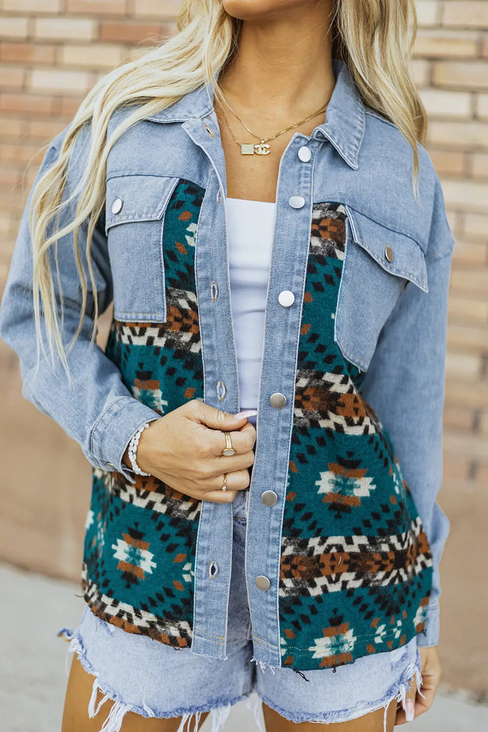 Blue Aztec Printed Denim Jacket - eAura