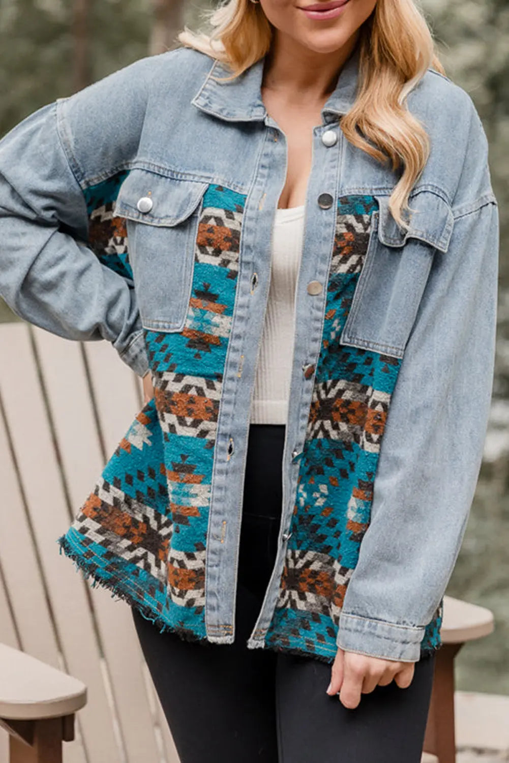 Blue Aztec Printed Denim Jacket - eAura