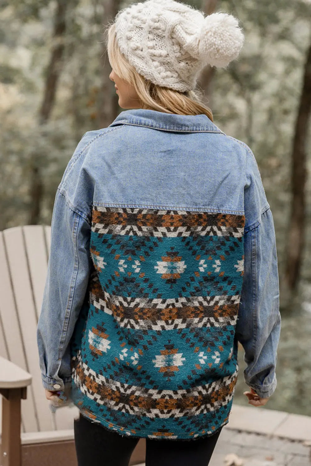 Blue Aztec Printed Denim Jacket - eAura
