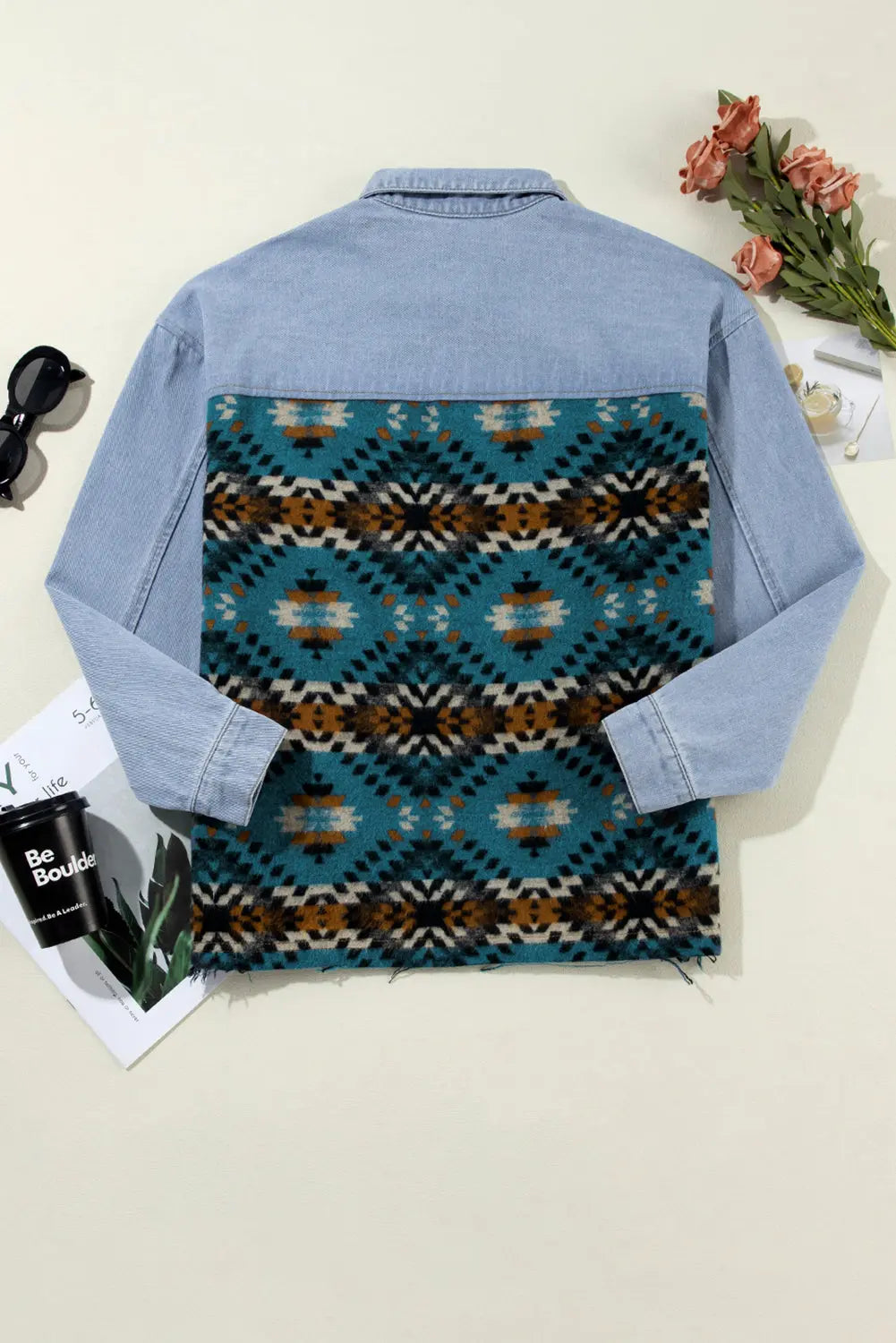 Blue Aztec Printed Denim Jacket - eAura