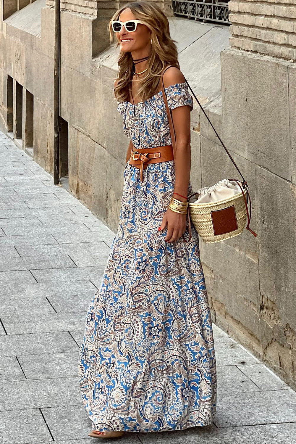 Blue Boho Paisley Print Off Shoulder Maxi Dress - eAura