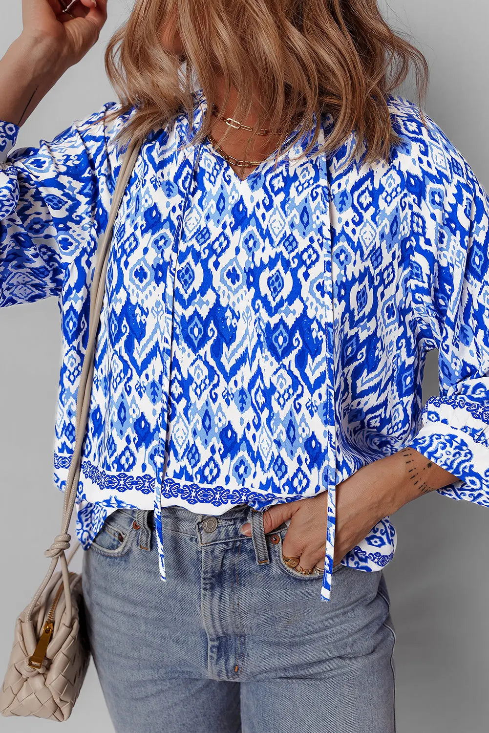 Women's Boho Tied Neck 3/4 Sleeve Blouse by eAura Collection