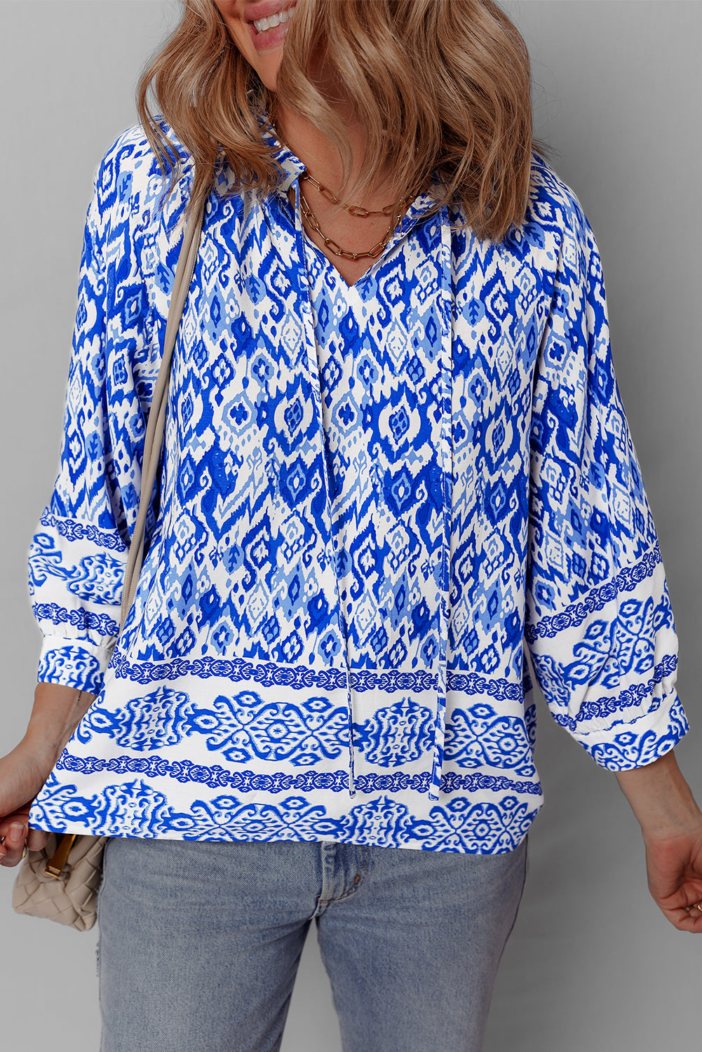 Blue Boho Printed 3/4 Sleeve Tied Neck Blouse - Tops/Blouses & Shirts