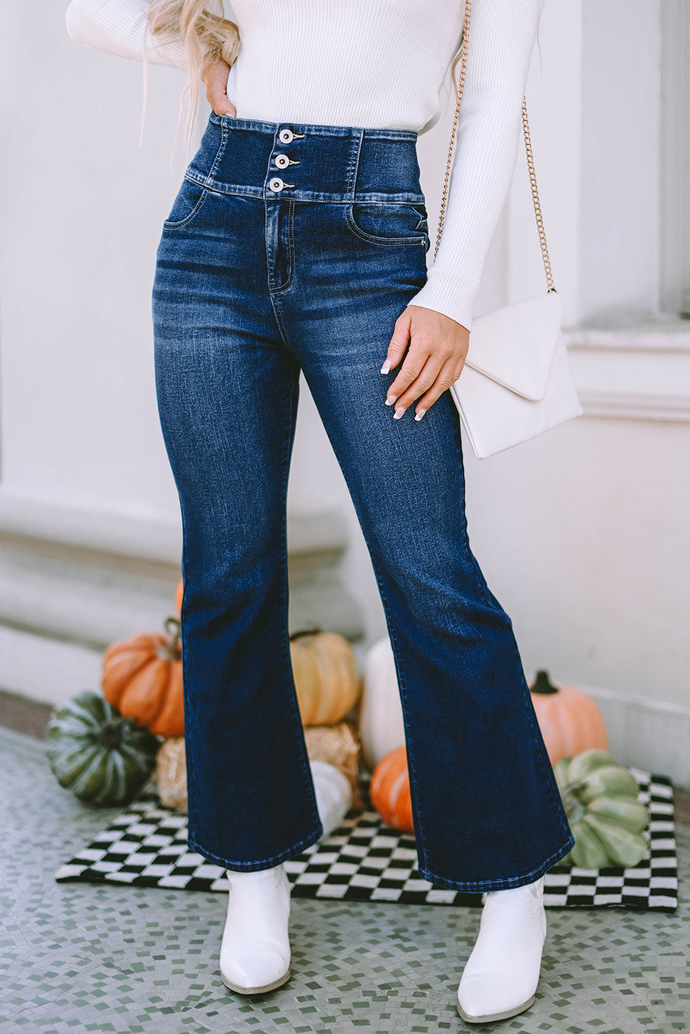 Blue Buttons Elastic Wide Waistband Back Flare Jeans - eAura