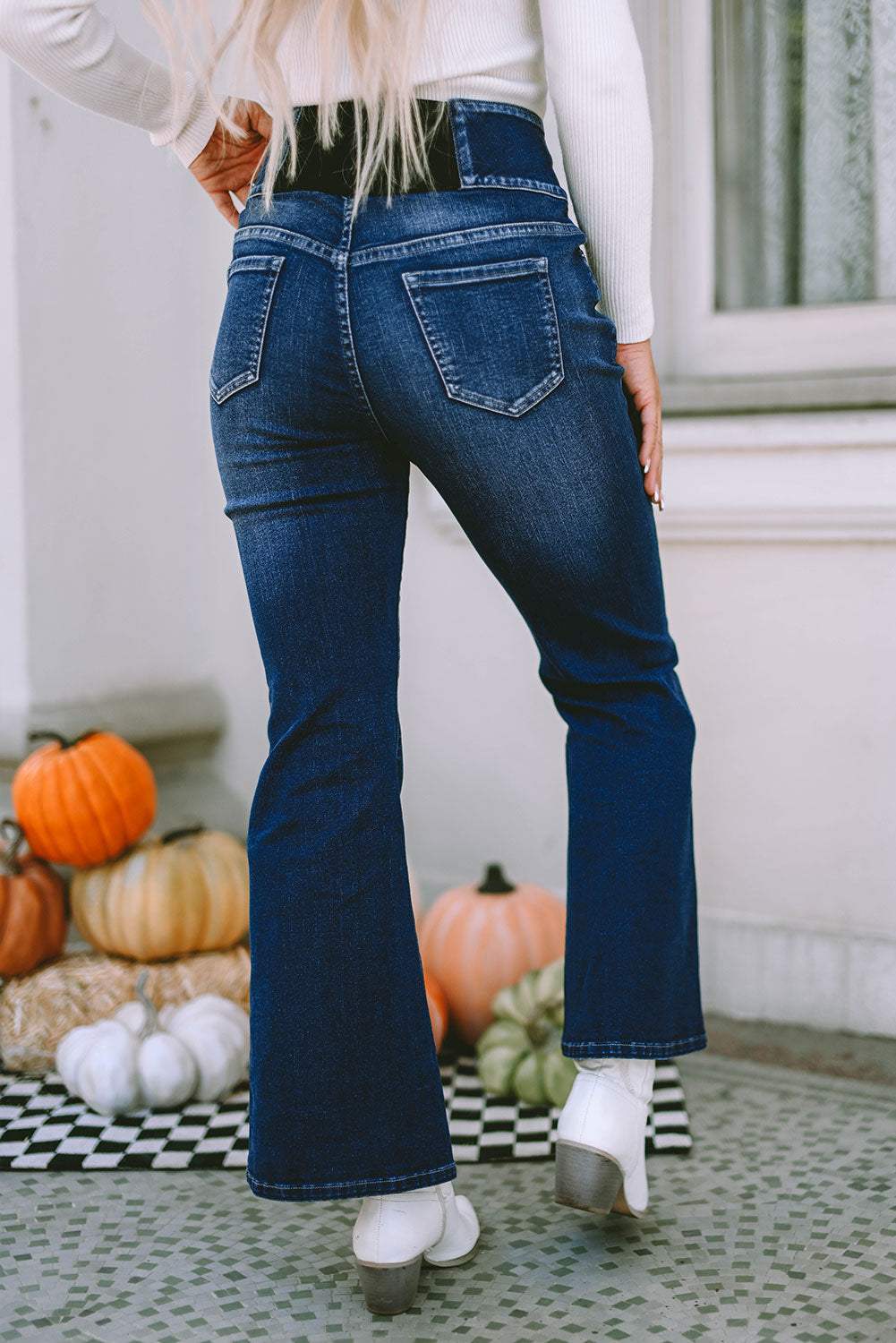 Blue Buttons Elastic Wide Waistband Back Flare Jeans - eAura