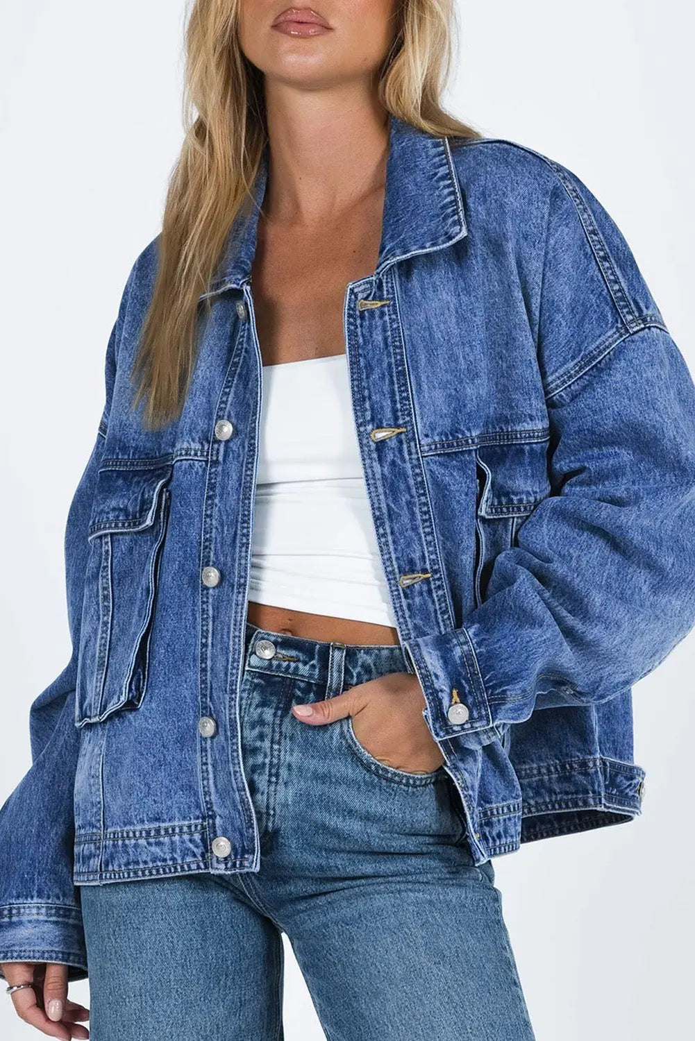 Blue Chest Pockets Drop Shoulder Loose Denim Jacket - eAura