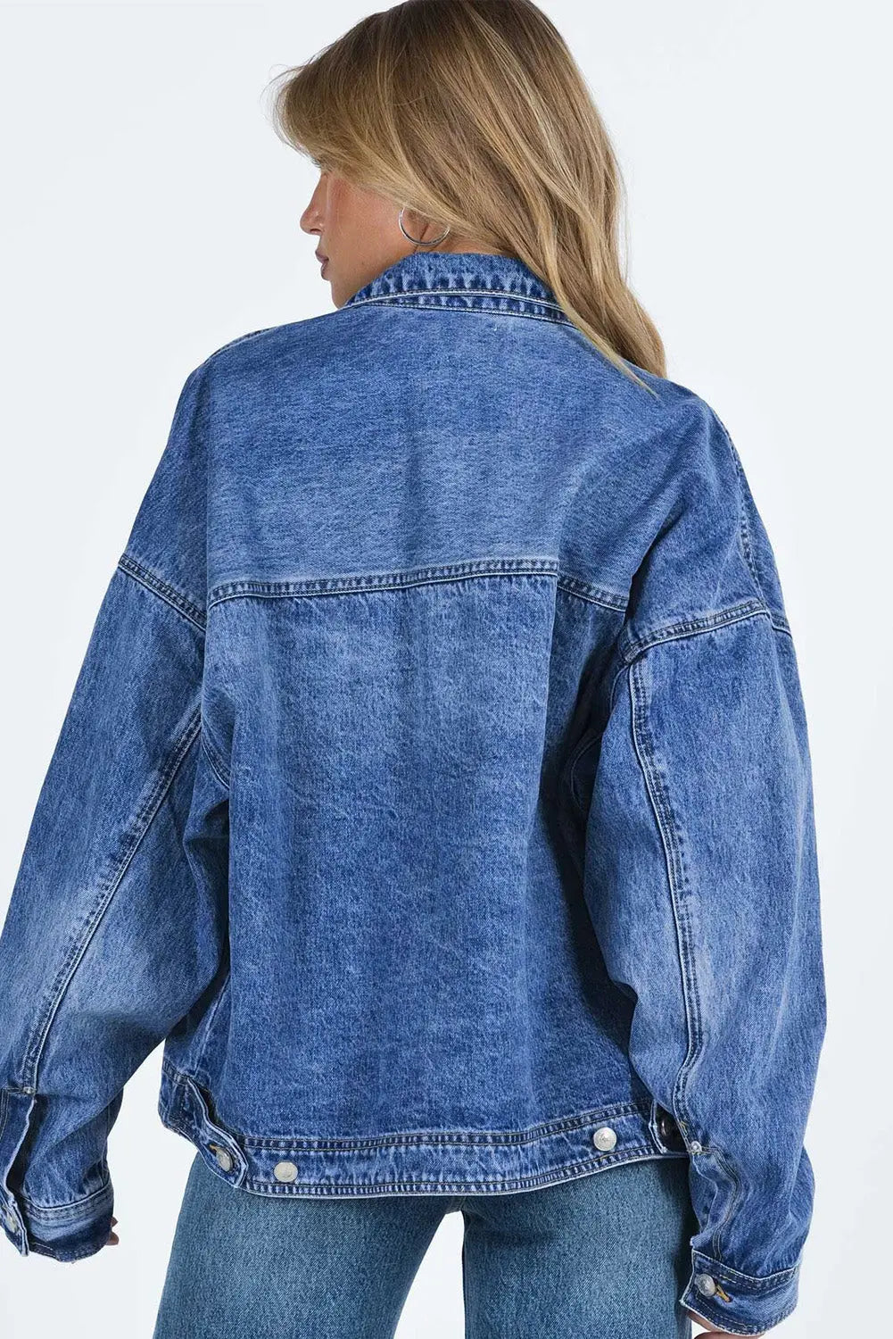 Blue Chest Pockets Drop Shoulder Loose Denim Jacket - eAura