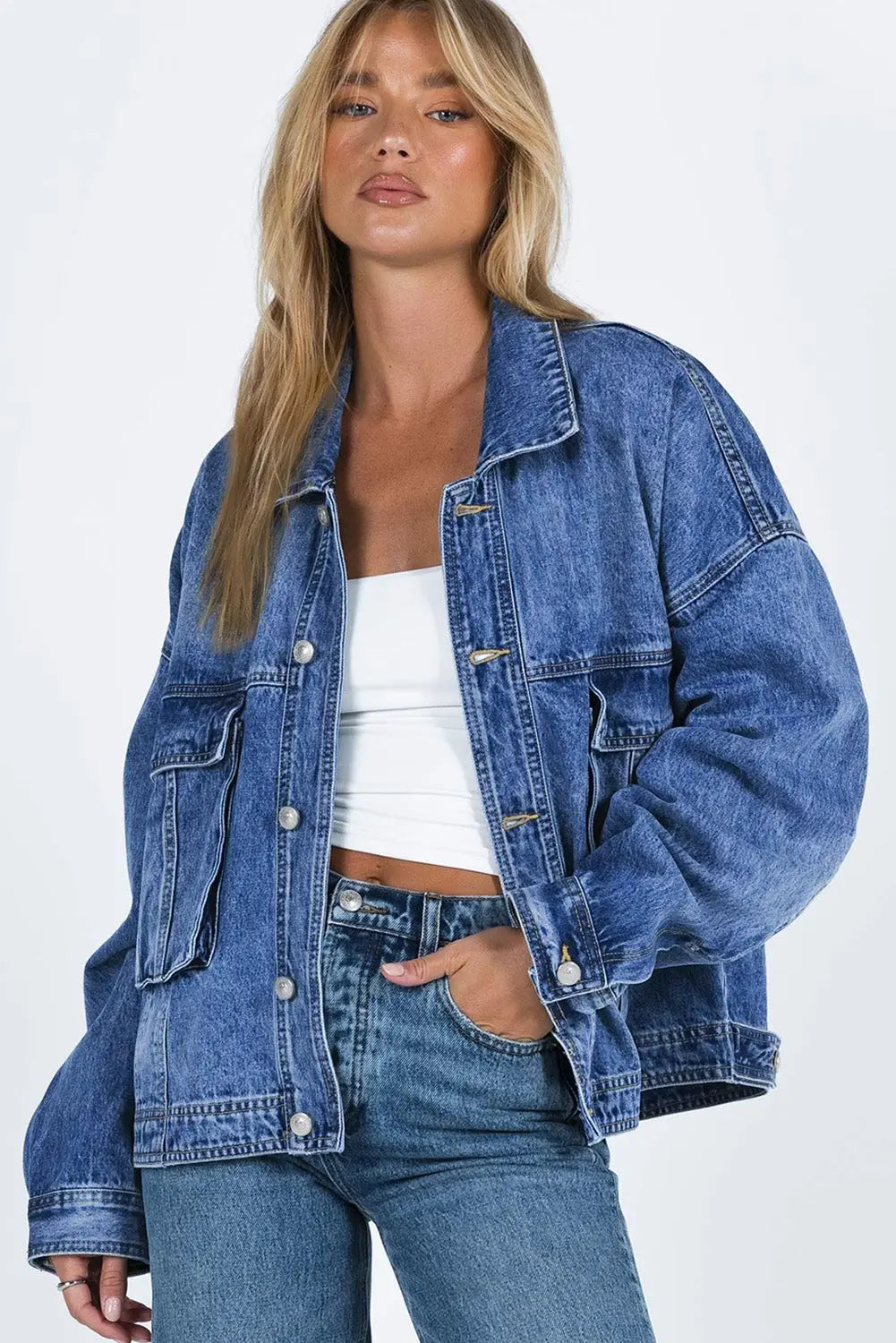 Blue Chest Pockets Drop Shoulder Loose Denim Jacket - eAura