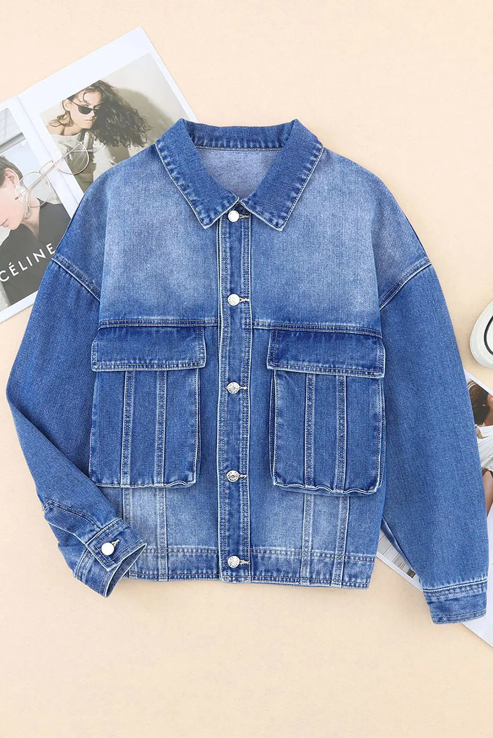 Blue Chest Pockets Drop Shoulder Loose Denim Jacket - eAura