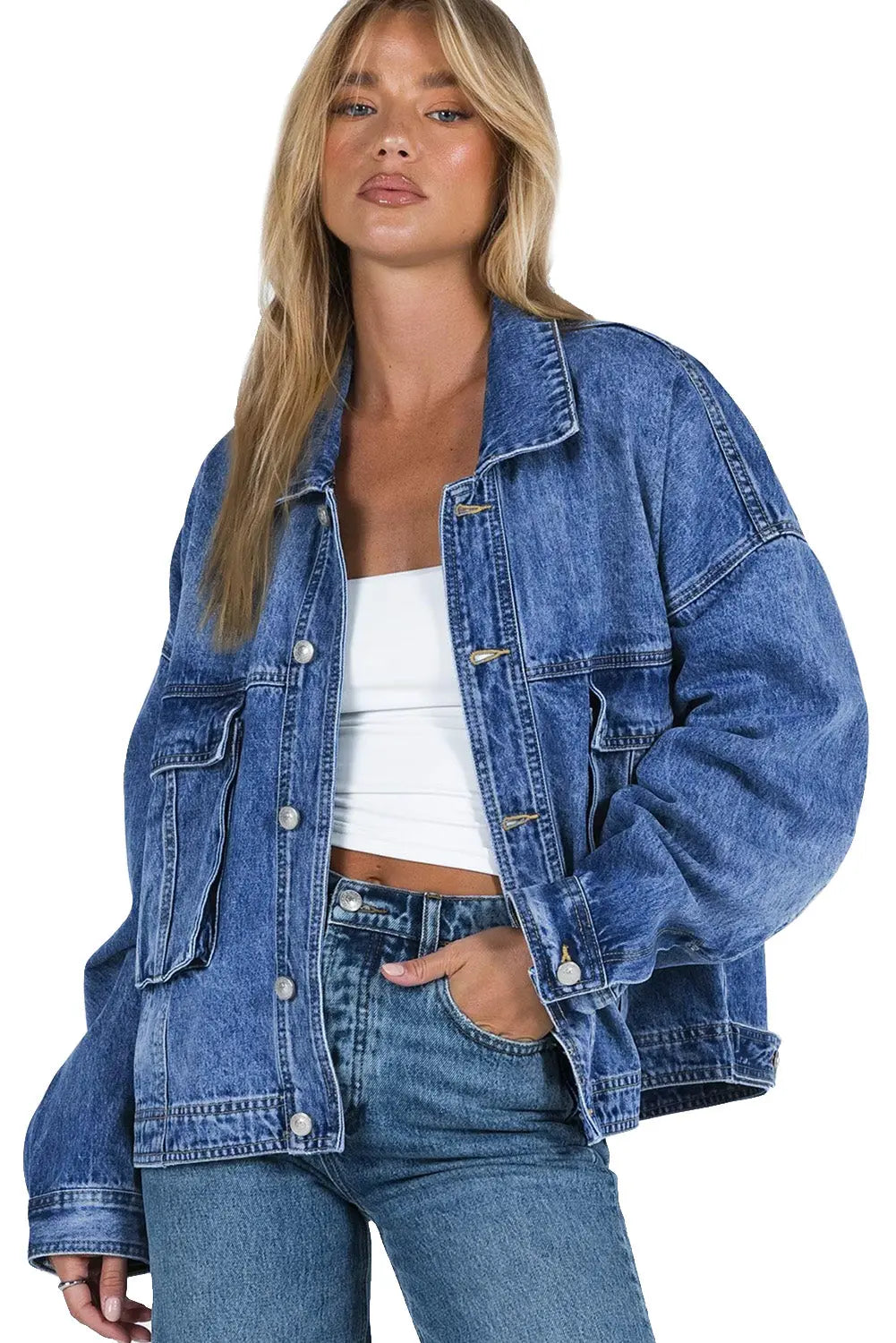 Blue Chest Pockets Drop Shoulder Loose Denim Jacket - eAura