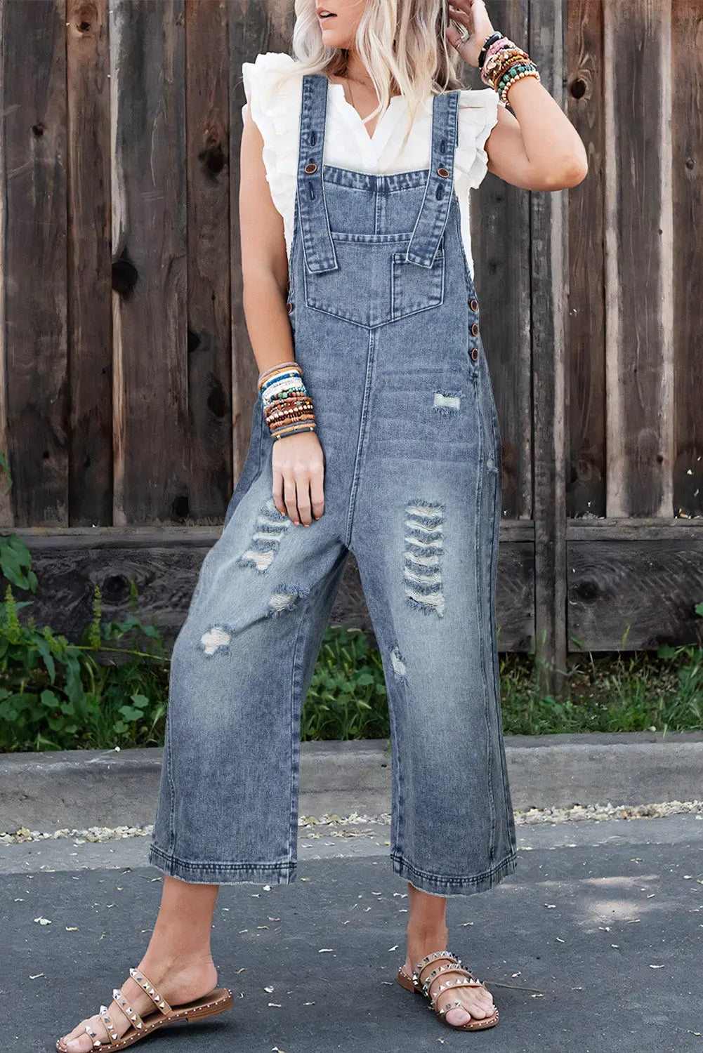 Blue Distressed Bib Pocket Wide Leg Denim Overall - eAura