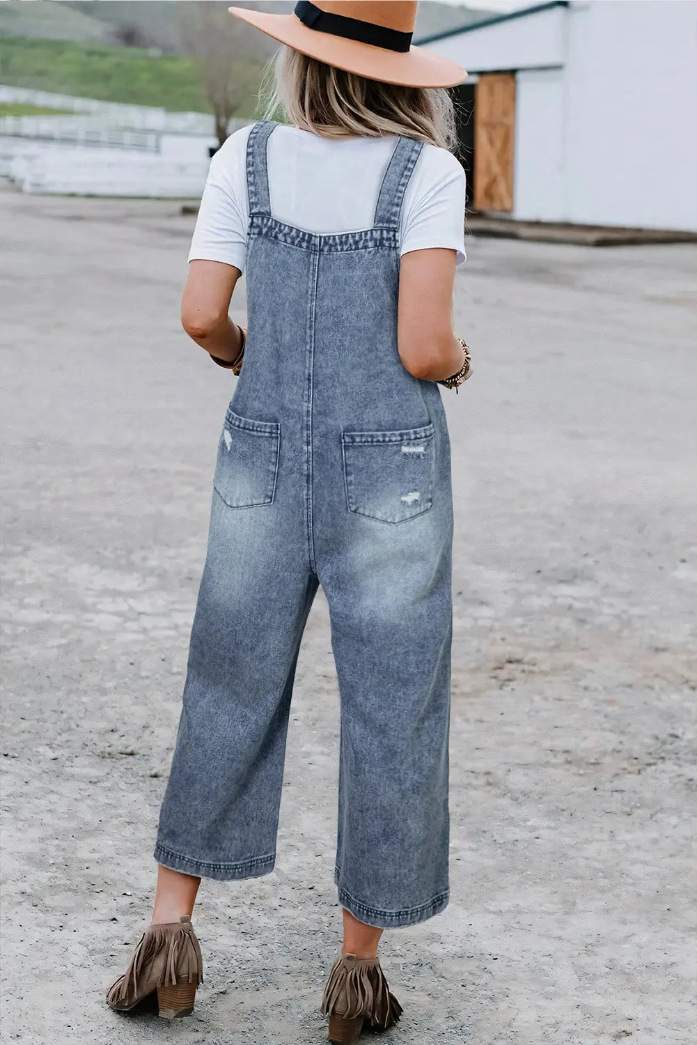 Blue Distressed Bib Pocket Wide Leg Denim Overall - eAura