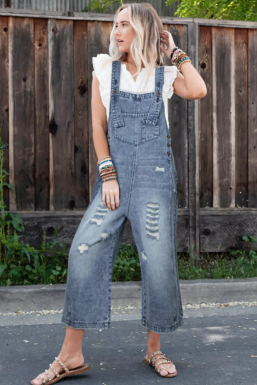 Blue Distressed Bib Pocket Wide Leg Denim Overall - eAura
