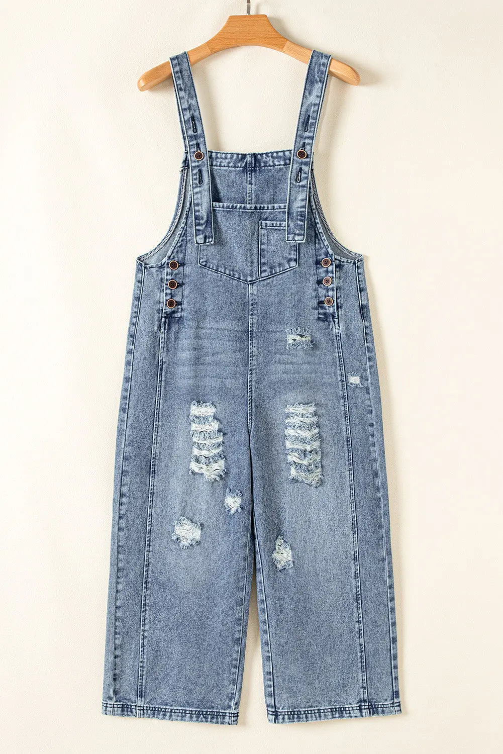 Blue Distressed Bib Pocket Wide Leg Denim Overall - eAura
