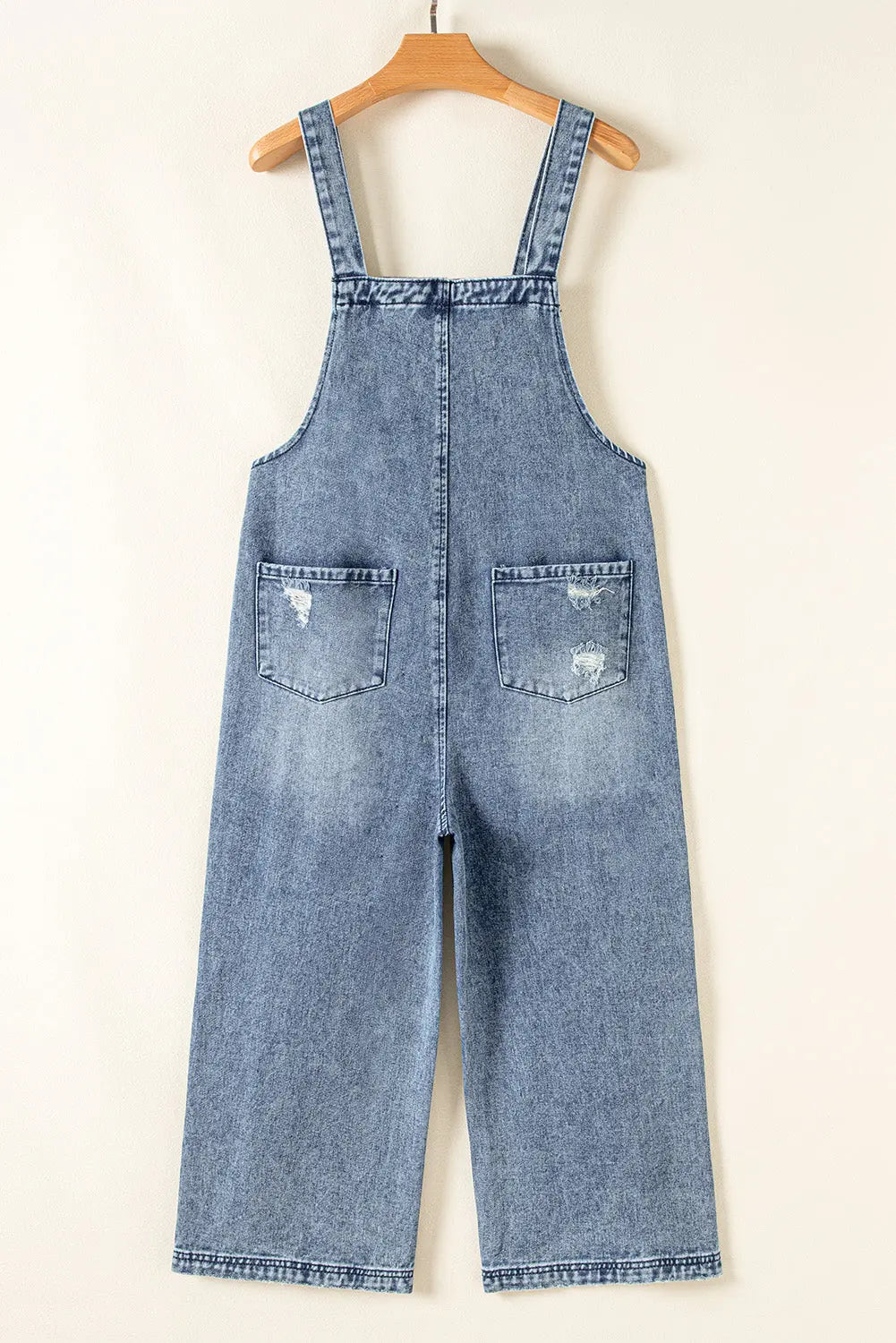Blue Distressed Bib Pocket Wide Leg Denim Overall - eAura