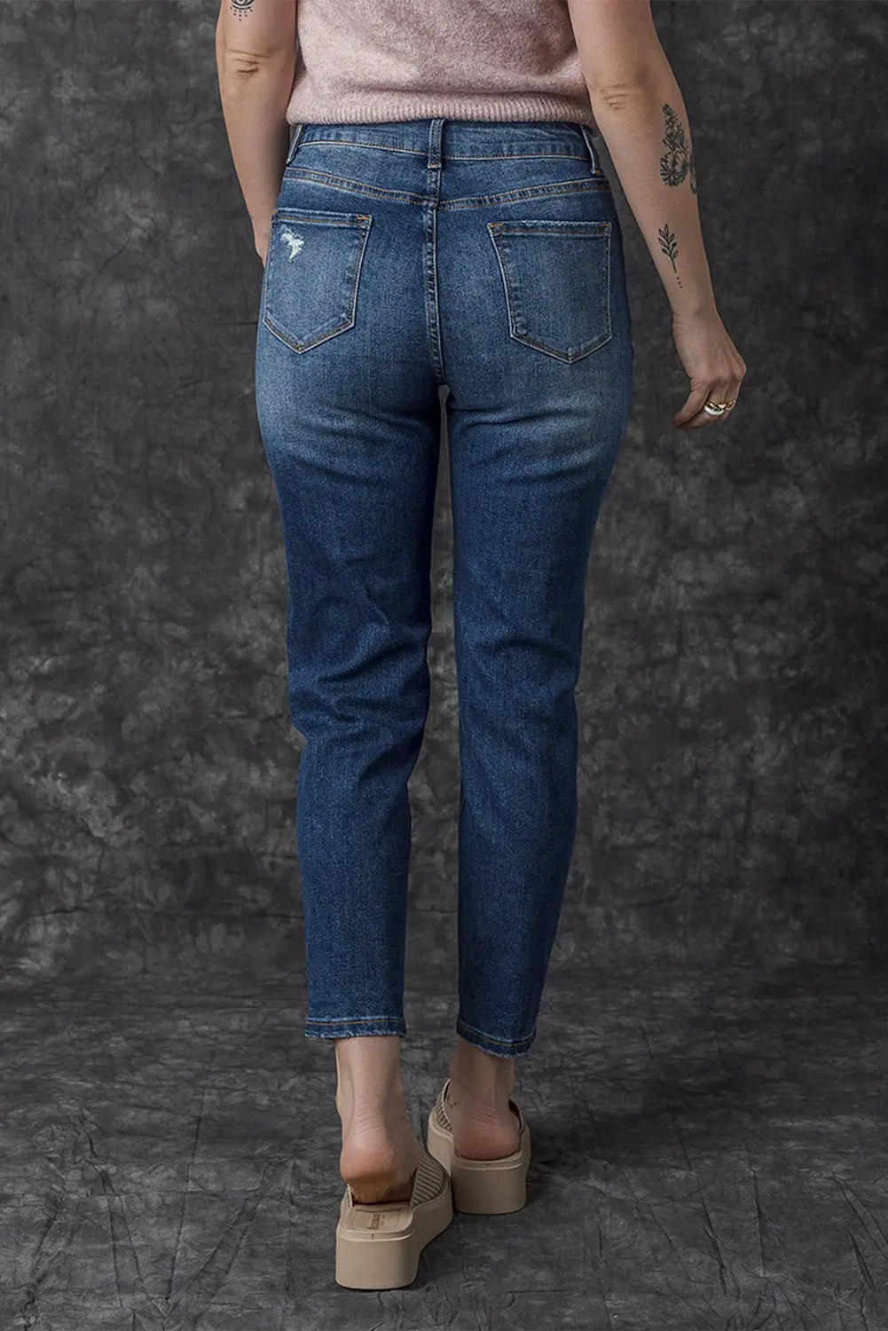 Blue Distressed Button Fly High Waist Skinny Jeans eAura