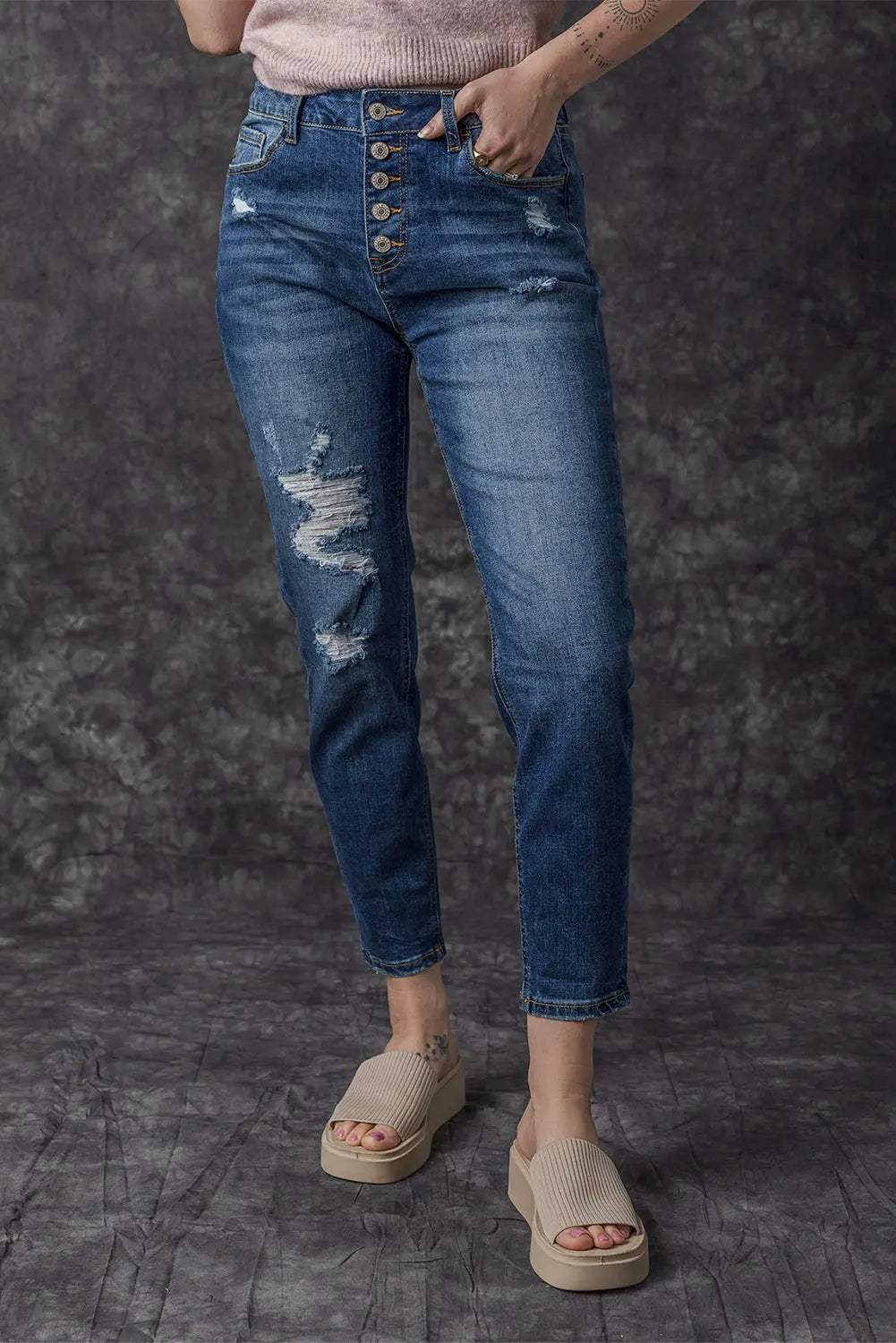 Blue Distressed Button Fly High Waist Skinny Jeans eAura