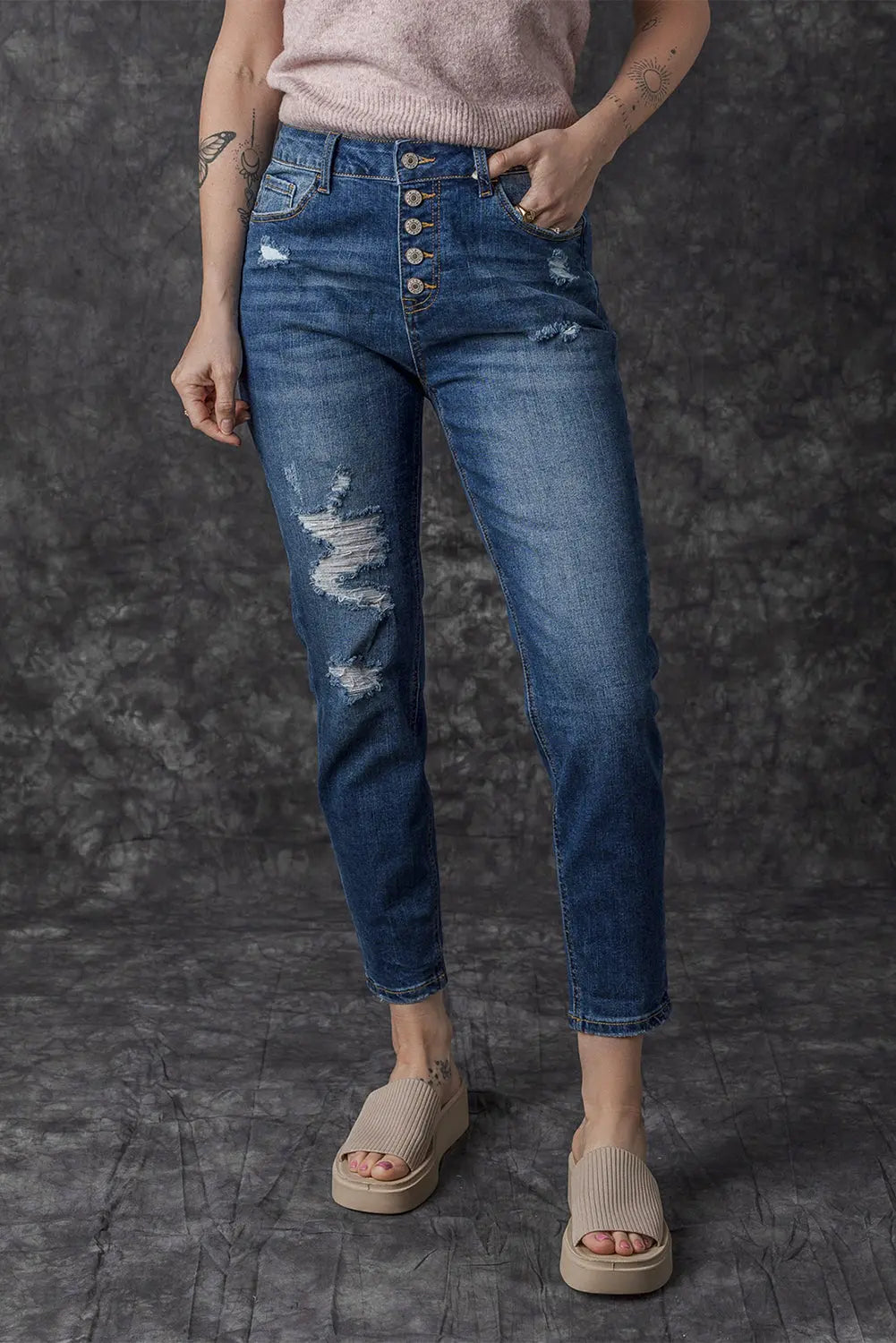 Blue Distressed Button Fly High Waist Skinny Jeans eAura