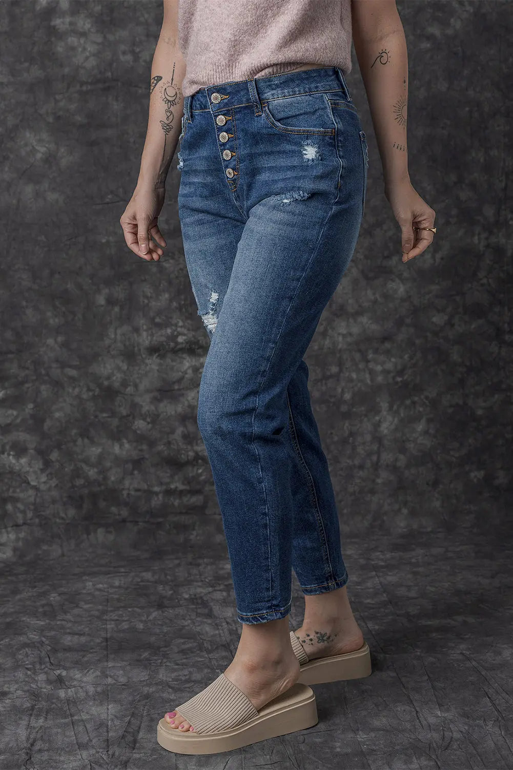 Blue Distressed Button Fly High Waist Skinny Jeans eAura