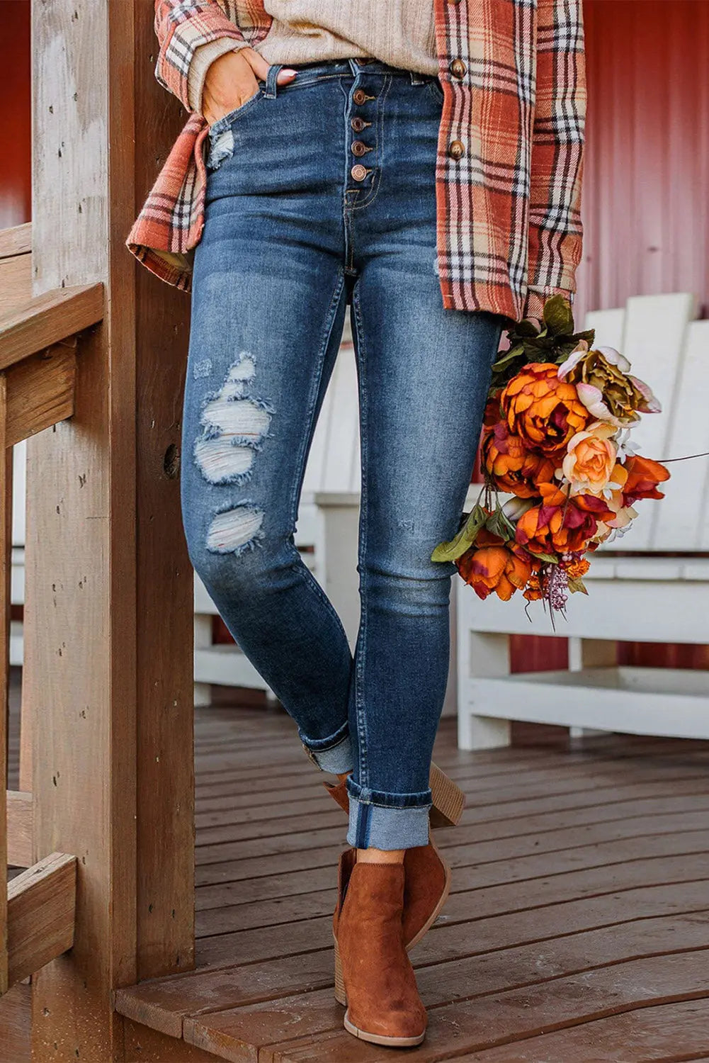 Blue Distressed Button Fly High Waist Skinny Jeans eAura