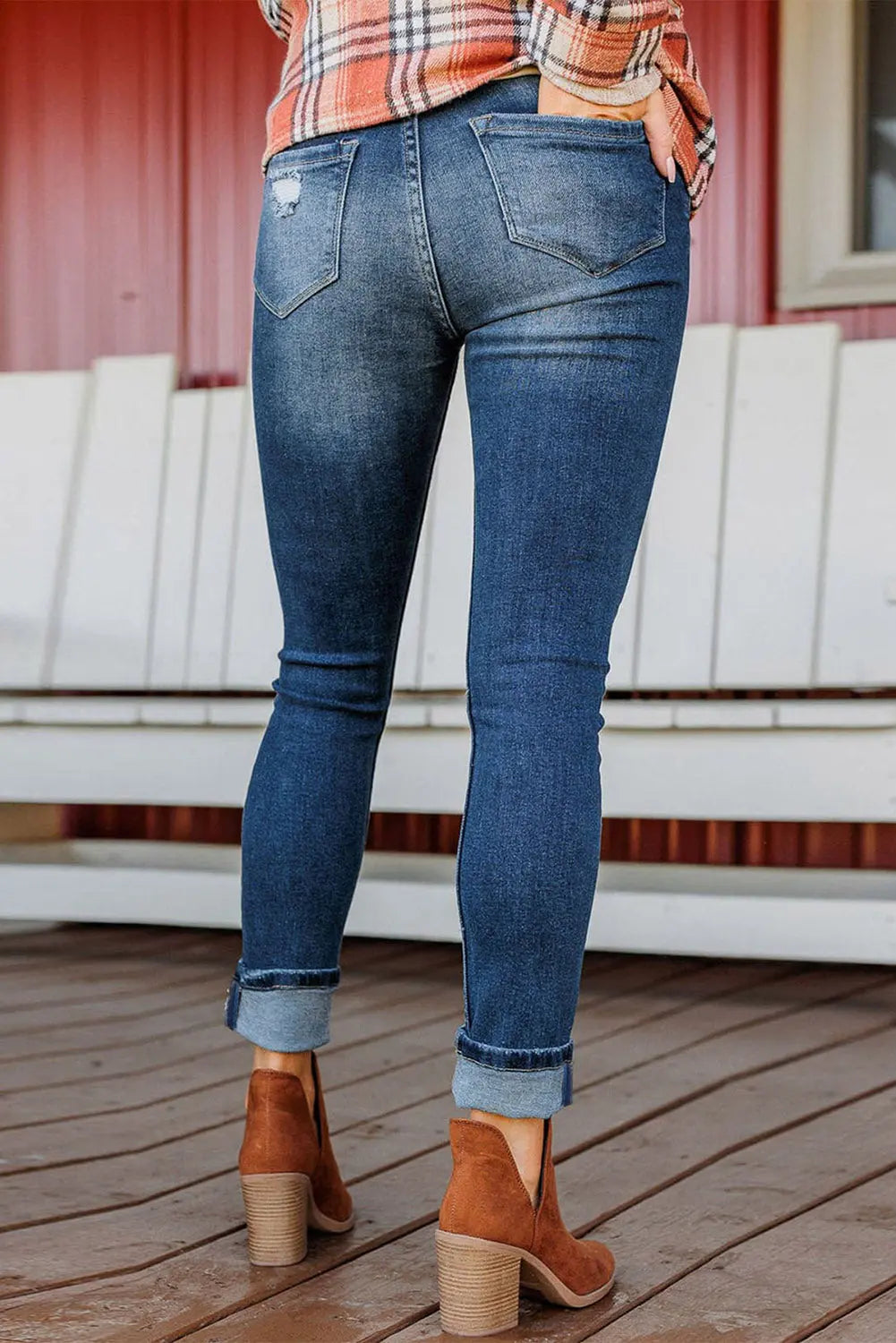 Blue Distressed Button Fly High Waist Skinny Jeans eAura