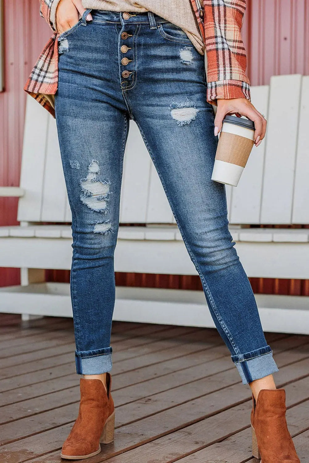 Blue Distressed Button Fly High Waist Skinny Jeans eAura