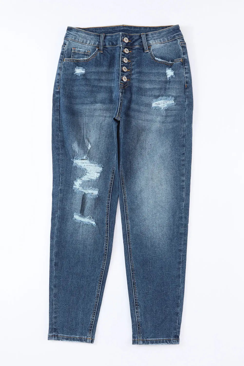 Blue Distressed Button Fly High Waist Skinny Jeans eAura
