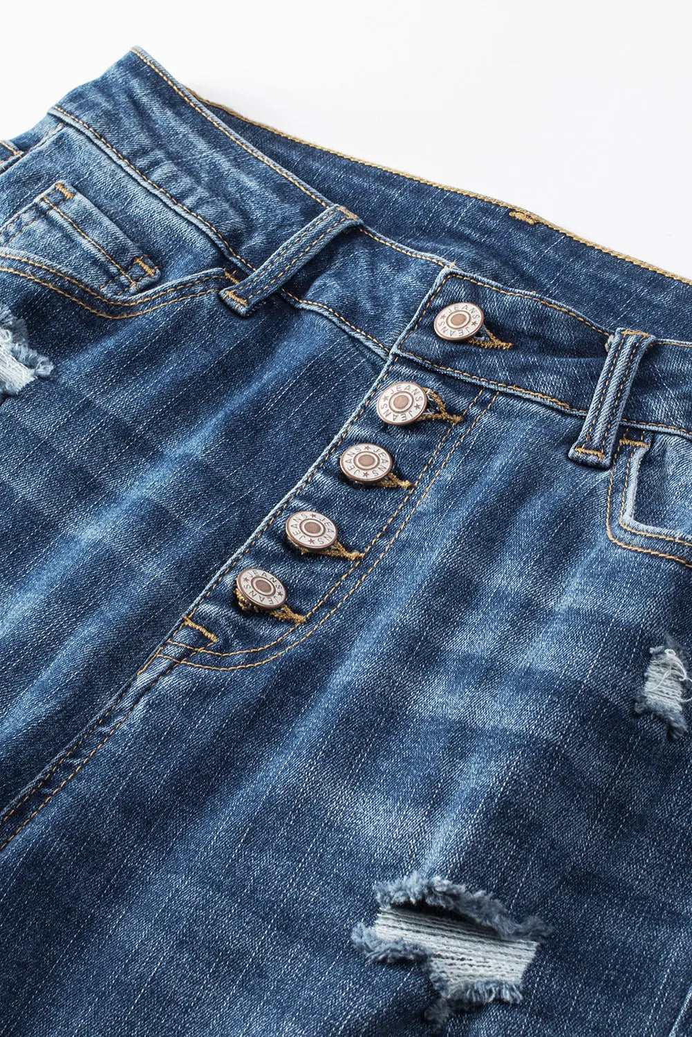 Blue Distressed Button Fly High Waist Skinny Jeans eAura