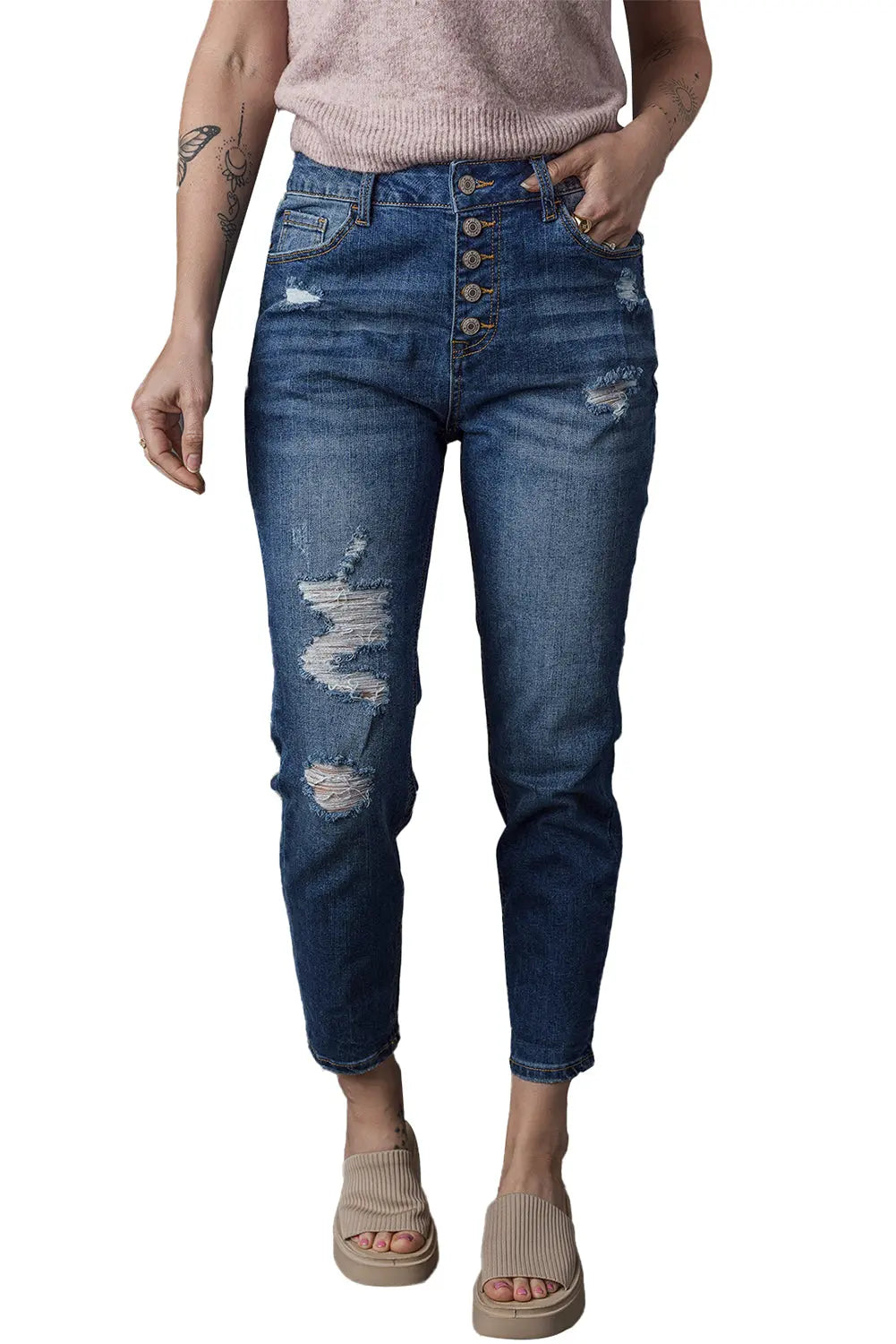 Blue Distressed Button Fly High Waist Skinny Jeans eAura