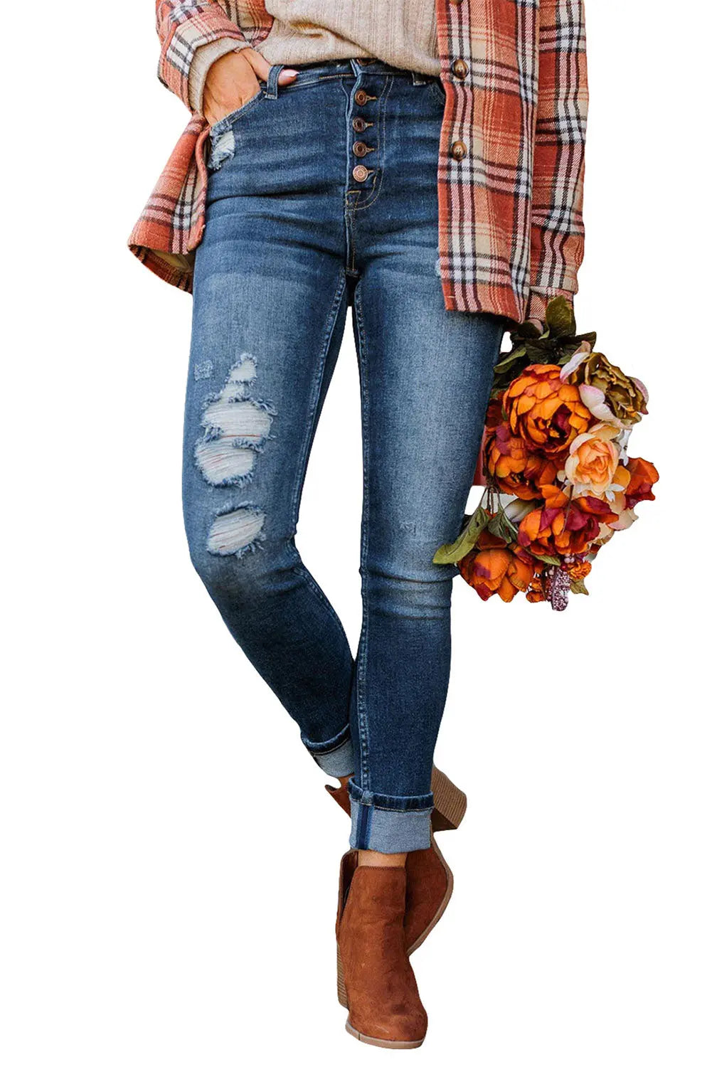Blue Distressed Button Fly High Waist Skinny Jeans eAura