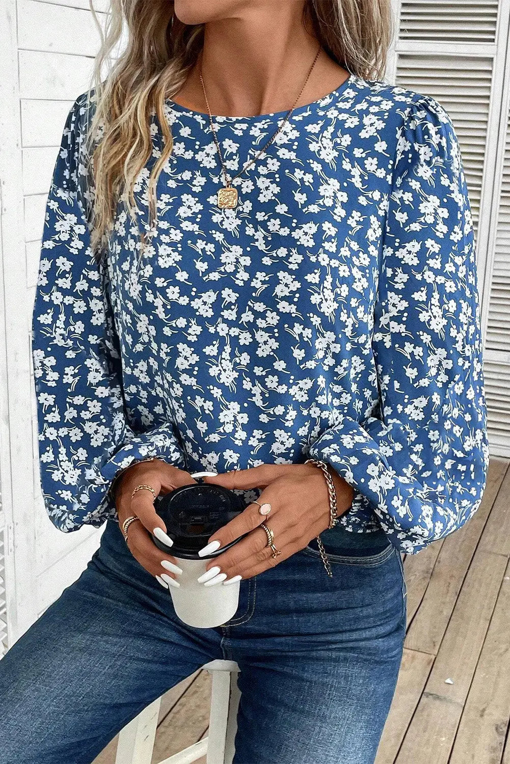 Blue Ditsy Floral Print Lantern Sleeve Blouse - eAura