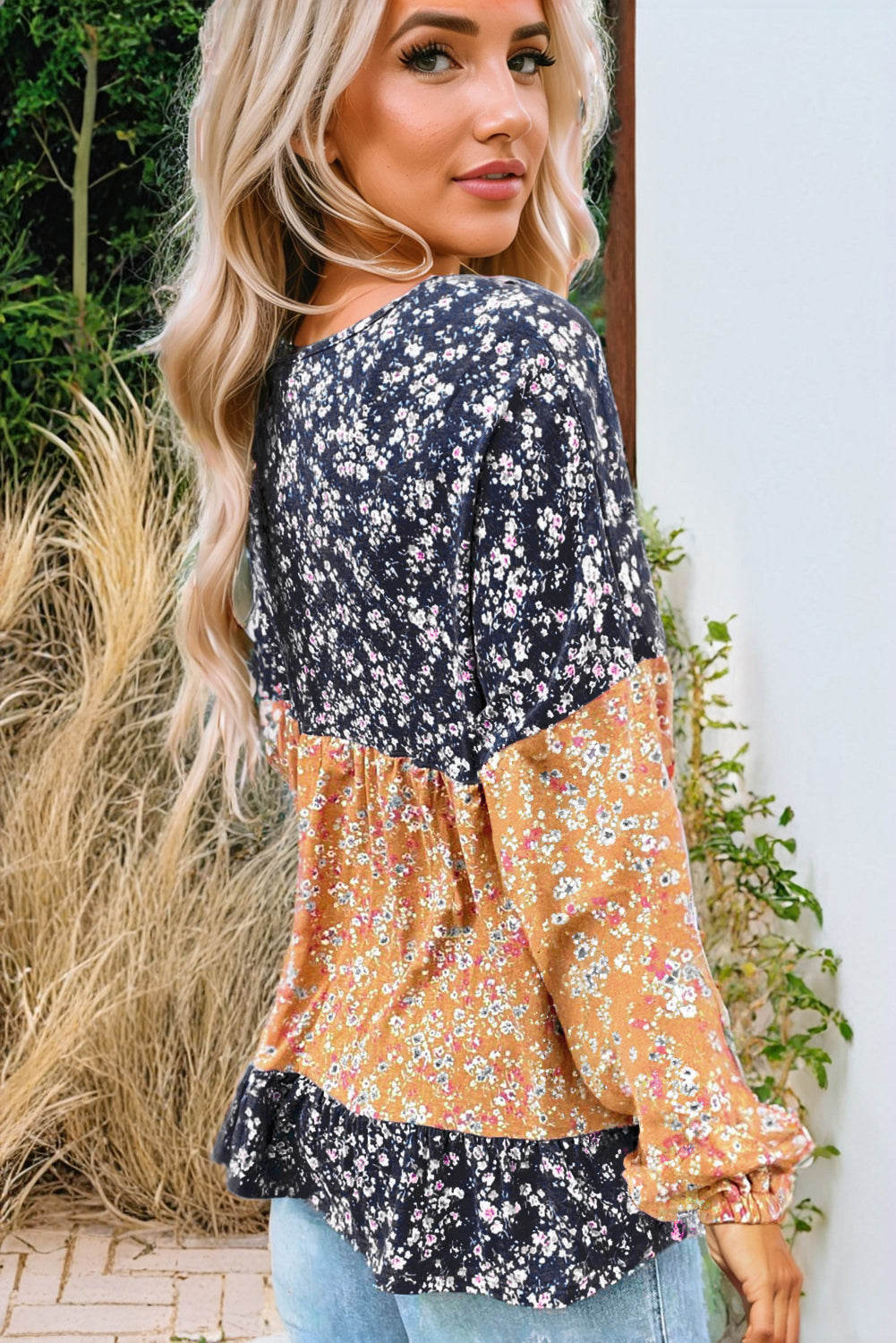 Blue Floral Colour Block Patchwork Ruffled Hem Round Neck Blouse - eAura