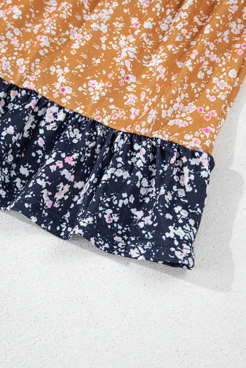 Blue Floral Colour Block Patchwork Ruffled Hem Round Neck Blouse - Tops/Blouses & Shirts